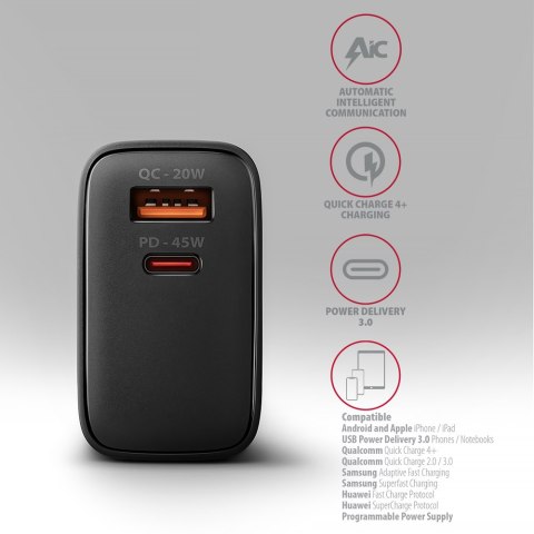 AXAGON AXAGON GaN wallcharger 2x port (USB-A + USB-C), PD3.0/PPS/QC4+/SFC2.0/AFC/SCP/FCP/Apple, 45W | ACU-PQ45