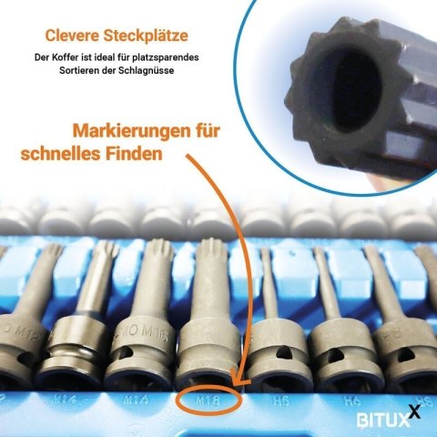 Bituxx 26‑częściowy zestaw nasadek 1/2″ - nasadki, bity Torx i wielozębate, profesjonalny komplet