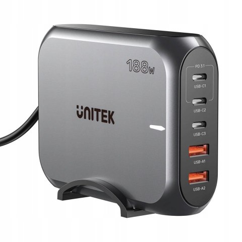 Sieciowa ładowarka GaN - Unitek P1234AGY01-EU | 188W 3x USB-C 2x USB-A