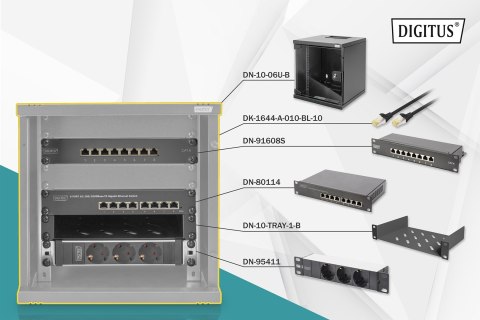Zestaw sieciowy 10": szafa wisząca 6U, półka, listwa zasilająca, 8-port switch, panel kat.6, czarny