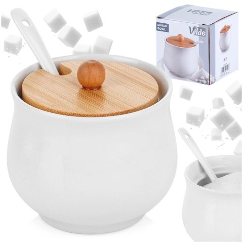Cukierniczka Ceramiczna VILDE 250 ml Biała 9 x 9 cm z Pokrywką i Łyżeczką