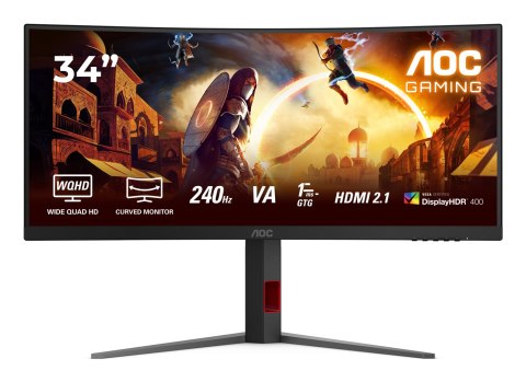 Monitor AOC CU34G4Z 34-calowy, Szybkie VA, WQHD 21:9, 240 Hz, 1 ms, 3440 x 1440 pikseli, 450 cd/m2, ilość portów HDMI: 2, kolor 