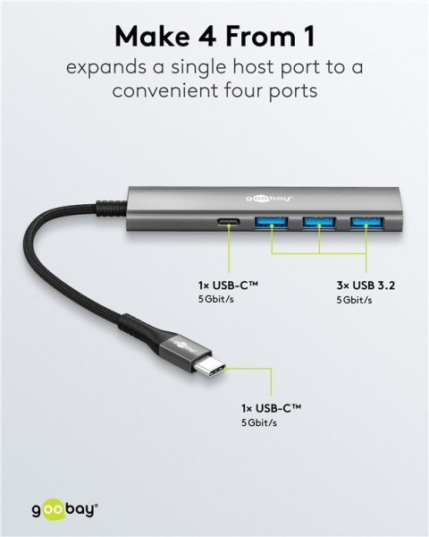 Goobay Goobay 76562 Slim 4-portowy koncentrator USB, USB-C auf USB-C™/USB-A, 5 Gbit/s, szary