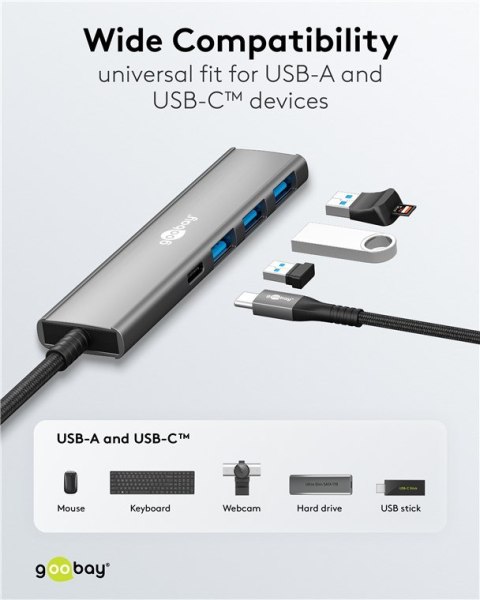 Goobay Goobay 76562 Slim 4-portowy koncentrator USB, USB-C auf USB-C™/USB-A, 5 Gbit/s, szary