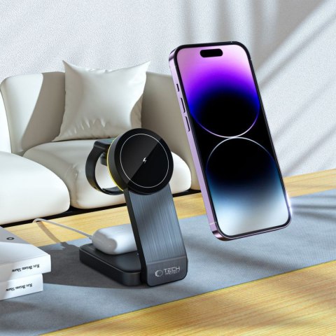Ładowarka indukcyjna 3w1 ze stojakiem na smartfon Apple Watch AirPods MagSafe - czarna