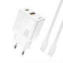 Ładowarka sieciowa USB-A USB-C z kablem USB-C GaN PD 30W - biała