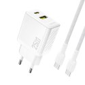 Ładowarka sieciowa USB-A USB-C z kablem USB-C GaN PD QC 25W - biała