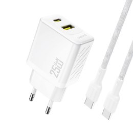Ładowarka sieciowa USB-A USB-C z kablem USB-C GaN PD QC 25W - biała