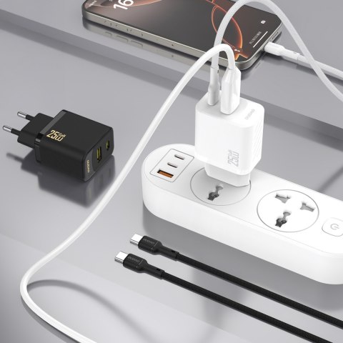 Ładowarka sieciowa USB-A USB-C z kablem USB-C GaN PD QC 25W - czarna