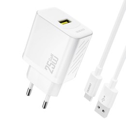 Ładowarka sieciowa USB-A z kablem USB-A - USB-C GaN 25W - biała