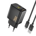 Ładowarka sieciowa USB-A z kablem USB-A - USB-C GaN 25W - czarna