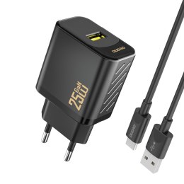 Ładowarka sieciowa USB-A z kablem USB-A - USB-C GaN 25W - czarna
