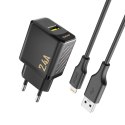 Ładowarka sieciowa USB-A z kablem USB-A - iPhone Lightning 2.4A GaN EU - czarna