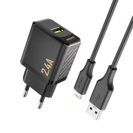 Ładowarka sieciowa USB-A z kablem USB-A - iPhone Lightning 2.4A GaN EU - czarna