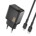 Ładowarka sieciowa USB-C z kablem USB-C - iPhone Lightning GaN PD 20W - czarna