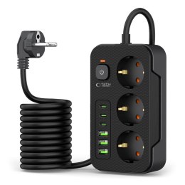Listwa zasilająca przedłużacz 3 gniazda 240V USB-A USB-C 2m - czarna