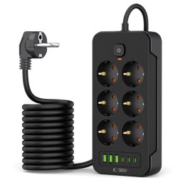 Listwa zasilająca przedłużacz 6 gniazd 240V USB-A USB-C 2m - czarna