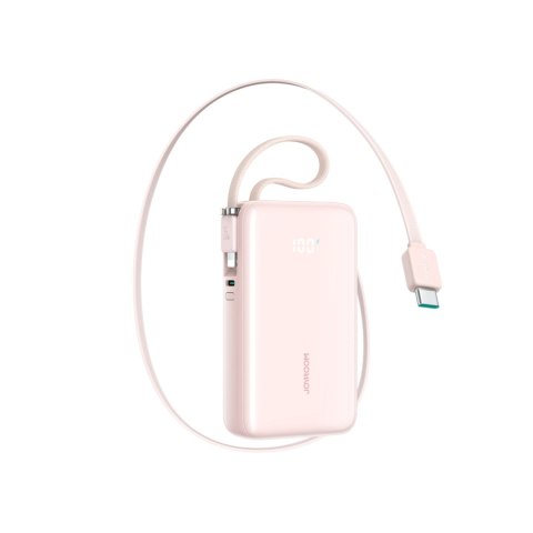 Powerbank 10000mAh 35W ze zwijanym kablem USB-C kablem-smyczą Lightning - różowy