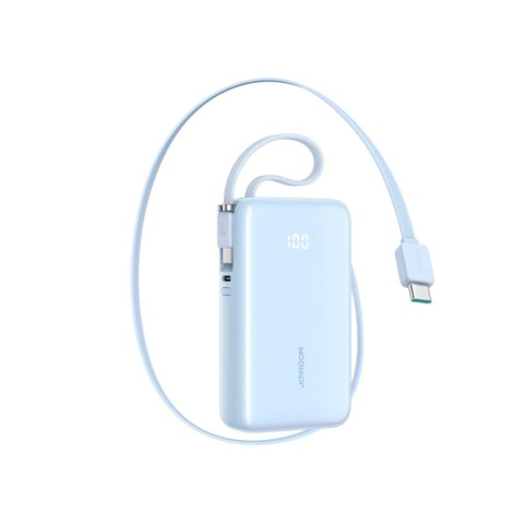 Powerbank 10000mAh 35W ze zwijanym kablem USB-C kablem-smyczą USB-C - niebieski