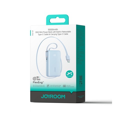 Powerbank 10000mAh 35W ze zwijanym kablem USB-C kablem-smyczą USB-C - niebieski