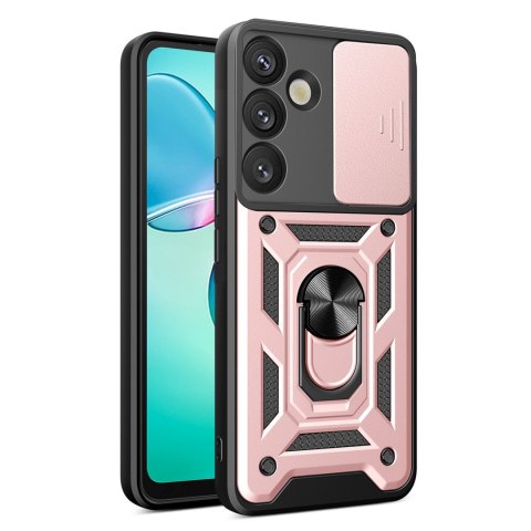 Etui pancerne z osłoną aparatu ringiem podstawką do Samsung Galaxy S25+ Hybrid Armor Camshield - różowy