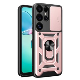 Etui pancerne z osłoną aparatu ringiem podstawką do Samsung Galaxy S25 Ultra Hybrid Armor Camshield - różowy