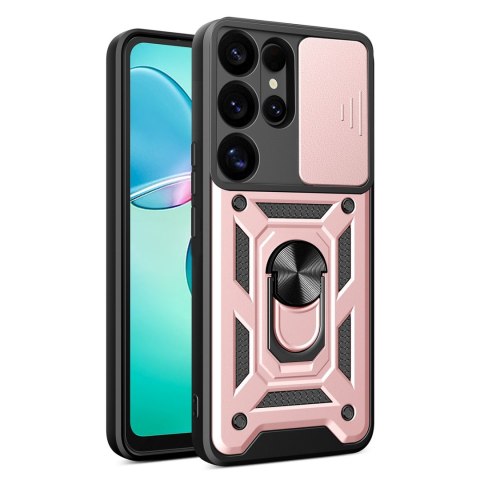 Etui pancerne z osłoną aparatu ringiem podstawką do Samsung Galaxy S25 Ultra Hybrid Armor Camshield - różowy