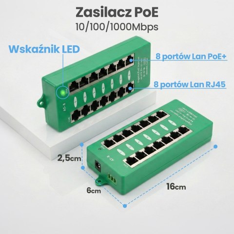 Extralink Gigabit PoE Injector 8 Portowy Aktywny, 8 portów Gigabit 802.3at/af, Mode A