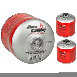 3x kartusz gazowy 500g Alpen Camping. certyfikat: Pi 0437, zgodny z EN417, propan-butan, zakres -10°c do+ 40°c, zawór 7/16