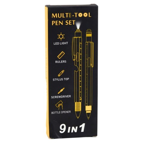 Długopisy Wielofunkcyjne 9w1 Poziomica Latarka Śrubokręt Żółty Czarny 2szt