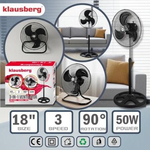 Wentylator 3w1, stojący+biurkowy+ścienny, 50w, klausberg, kb-9042