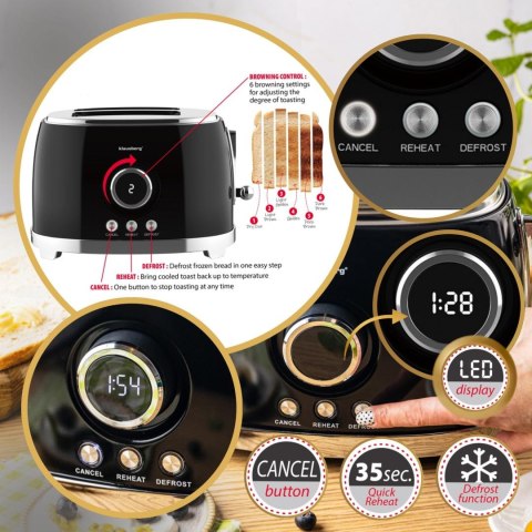 Toster na 2 kromki, czarny, retro, wyświetlacz led, klausberg