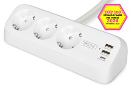 Digitus 3-drożna biurowa listwa zasilająca z 2 złączami USB-A i 1 złączem USB-C, biała