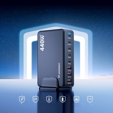 Stacja ładująca biurkowa 3x USB-A 5x USB-C GaN QC3 440W - czarna