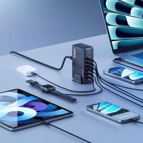 Stacja ładująca biurkowa 3x USB-A 5x USB-C GaN QC3 440W - czarna
