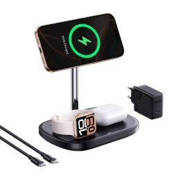 Ładowarka indukcyjna 3w1 do smartfona zegarka słuchawek z chłodzeniem kablem USB-C 45W - czarna