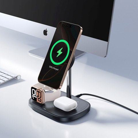 Ładowarka indukcyjna 3w1 do smartfona zegarka słuchawek z chłodzeniem kablem USB-C 45W - czarna
