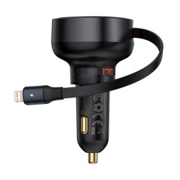 Ładowarka samochodowa USB-A ze zwijanym kablem iPhone Lightning 55W - czarna