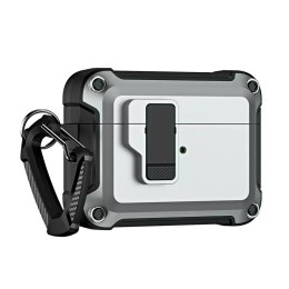 Etui pancerne pokrowiec na słuchawki Airpods 4 z karabińczykiem - szare