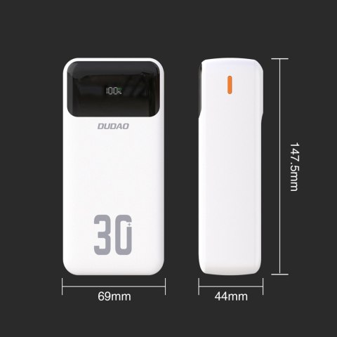 Powerbank 30000mAh USB-A USB-C K15Max PD 22.5W z kablami USB-C iPhone Lightning - biały