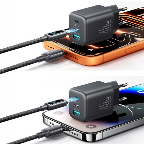 Ładowarka sieciowa USB-C iPhone Lightning USB-A GaN 45W - czarna