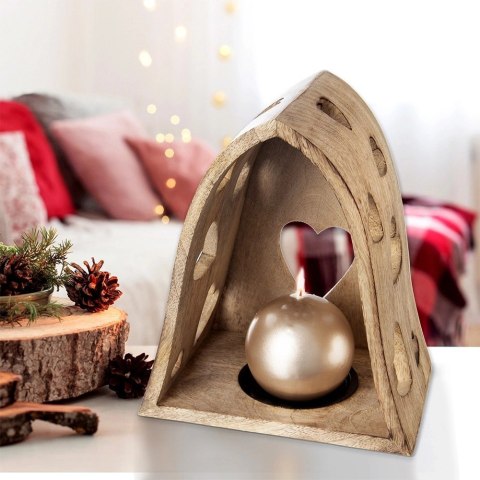 Świecznik Drewniany Mango Serce 23 cm Ażurowy Loft Lampion ORION Dom