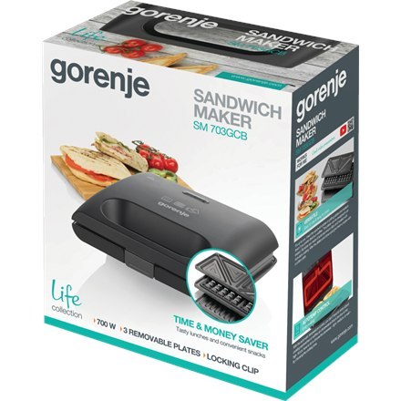 Gorenje Gorenje | SM703GCB | Toster do kanapek | 700 W | Liczba płyt 3 | Liczba ciastek 2 | Czarny
