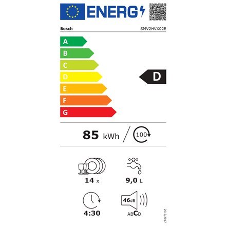 Bosch Zmywarka do zabudowy Bosch Serie | 2 | SMV2HVX02E | Szerokość 59,8 cm | Wysokość 81,5 cm | Klasa energetyczna D | Program Eco | 