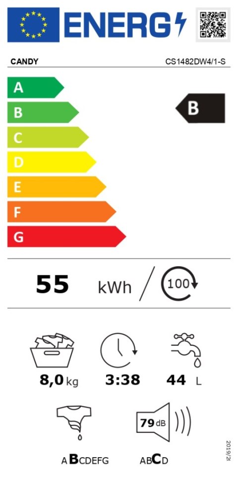 Candy Candy | Pralka | CS1482DW4/1-S | Klasa efektywności energetycznej B | Ładowana od frontu | Pojemność prania 8 kg | 1400 obr/min 