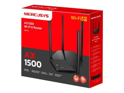 Mercusys Router AX1500 WiFi 6 | MR60X | 802.11ax | 1201+300 Mbit/s | 10/100/1000 Mbit/s | Porty Ethernet LAN (RJ-45) 2 | Obsługa sieci me