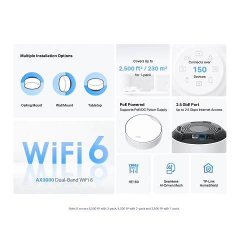 TP-LINK AX3000 Whole Home WiFi 6 System with PoE | Deco X50-PoE (1-pack) | 802.11ax | Ethernet LAN (RJ-45) ports 1 | Mesh Support Yes | 
