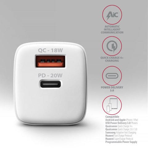 AXAGON AXAGON Wallcharger 2x port (USB-A + USB-C), 20W | ACU-PQ20W