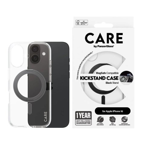 CARE CARE by PanzerGlass Feature Case Transparent w. Black Kickstand & MagSafe iPhone 16 | CARE