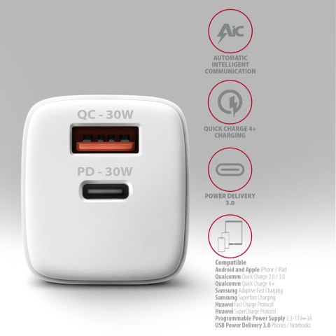 AXAGON AXAGON Wall Charger 2x port (USB-A+USB-C), 30W | ACU-PQ30W